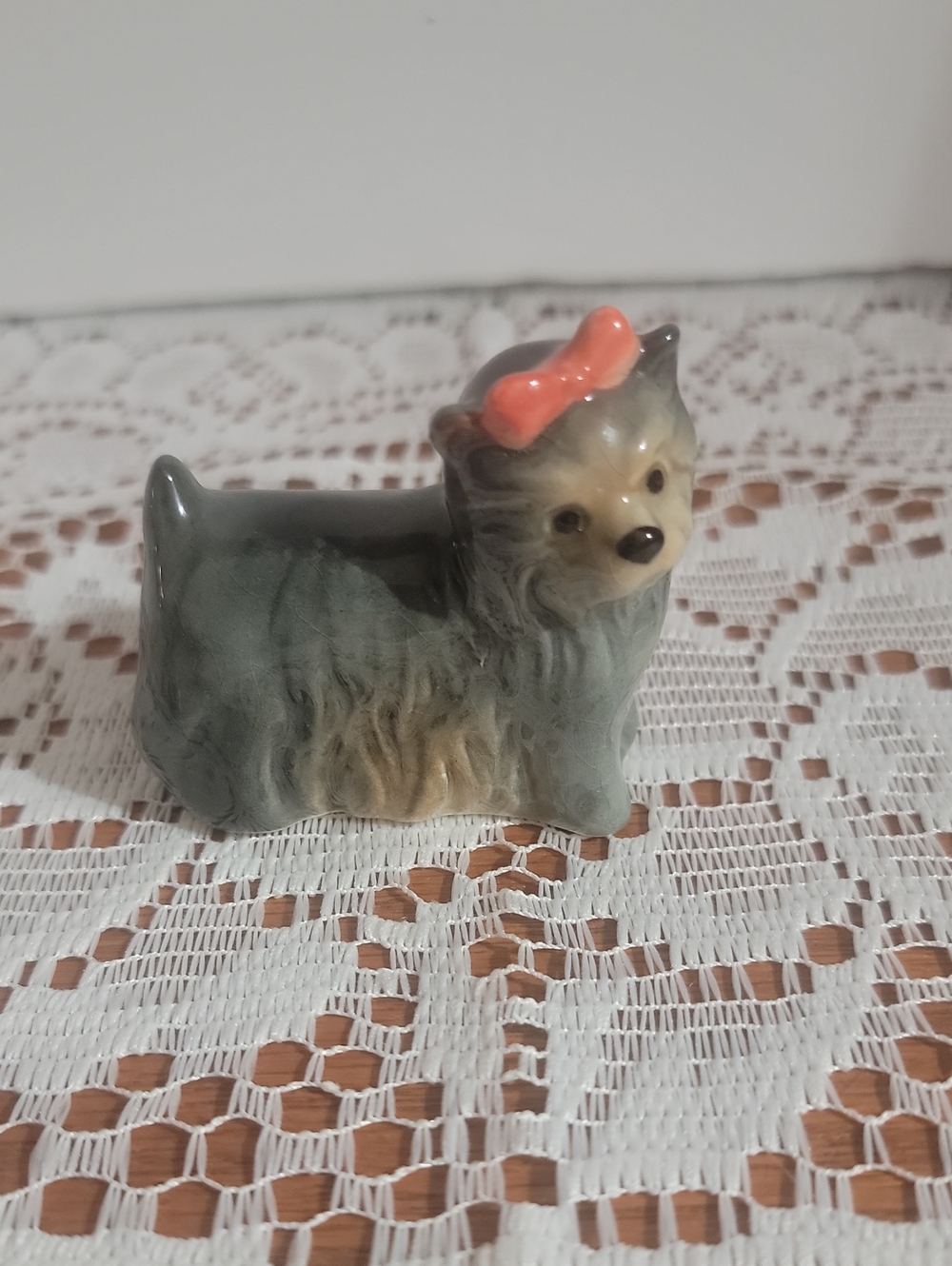 Goebel White and Cream Ceramic Dog Figurine with Coral Bow